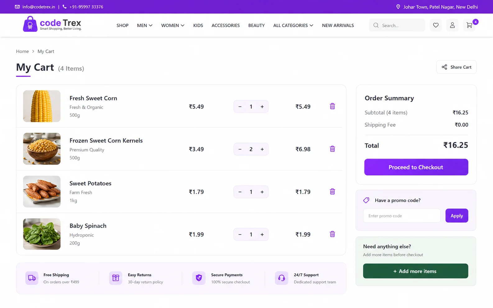Website shopping cart